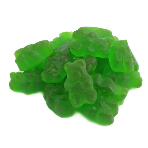 Bright green gummy bears, sour green apple flavor, 3/4 inch long, approx. 145 pieces per pound.