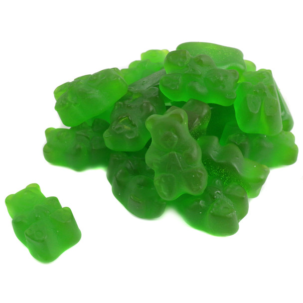 Bright green sour granny smith apple gummy bears, approx 145 per pound, Made in USA.