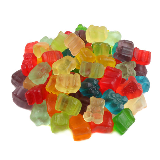 Mini gummy bear cubs, 12 Albanese flavors, assorted colors, 300 per pound, Made in USA.