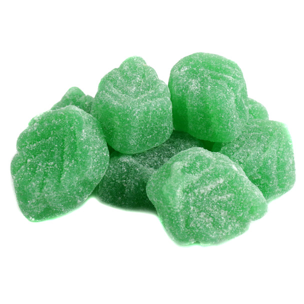 Green spearmint leaves jelly candy, sugar coated, sweet spearmint flavor, approx 32 pieces per pound, Christmas candy.