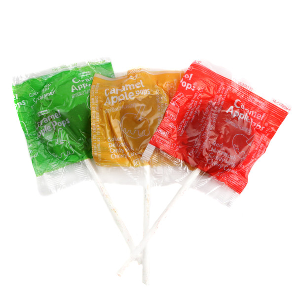 Green, golden, red Orchard Caramel Apple Pops by Tootsie Roll, chewy caramel lollipops, approx 25 per pound.