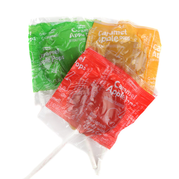 Tootsie Roll Orchard Caramel Apple Pops, green, golden, red apple lollipops, chewy caramel coating, approx 25 per lb.