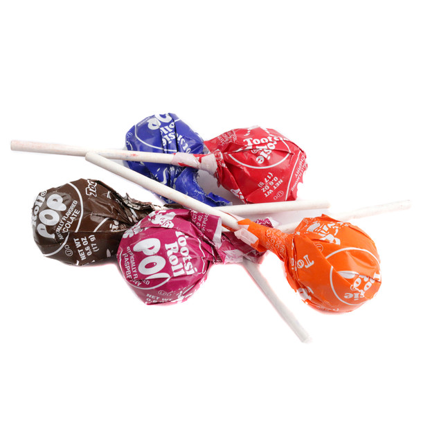 Bulk Tootsie Pops, 25 per lb. Assorted red, blue, orange, pink, purple fruity lollipops with Tootsie Roll centers.