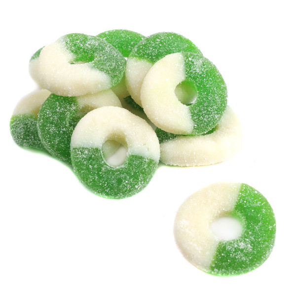 Albanese Gummy Apple Rings, green and white, sugar-coated, approx. 65 chewy rings per pound, USA-made.