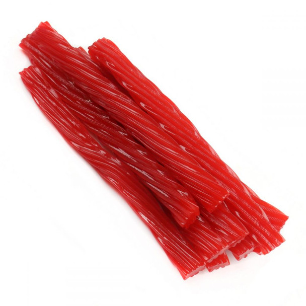Bright red Kenny's Jumbo Cherry Licorice Twists, approximately 22 twists per pound, delicious USA-made candy.