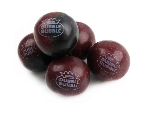 Dubble Bubble dark red, shiny black cherry gumballs, approx 1 inch diameter, 50 per pound.