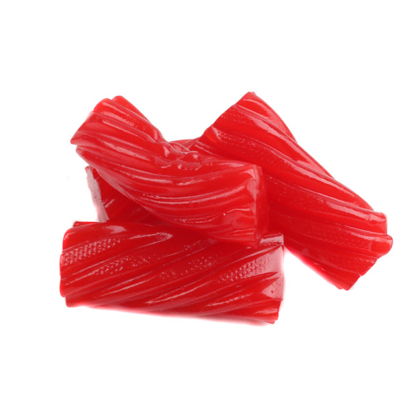 Red Australian strawberry licorice candy, soft chewy pieces, approx 50 per pound. NON-GMO.