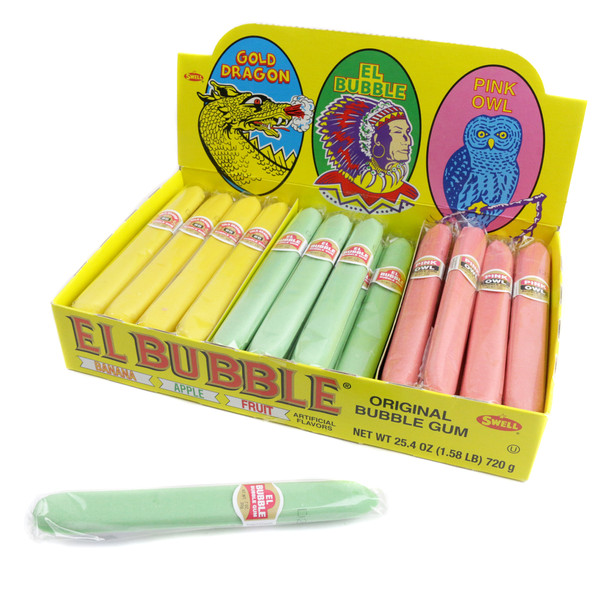 El Bubble Bubble Gum Cigars, 36 count, yellow banana, green apple, pink fruit flavors. Baby showers, gender reveals.