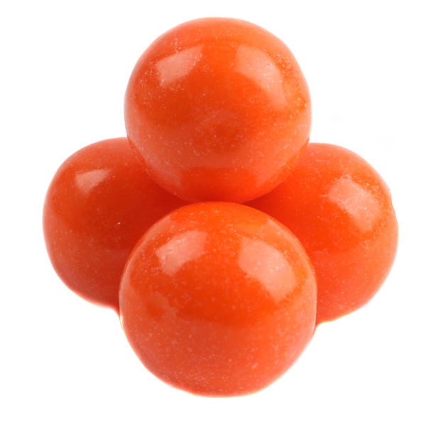 Bright orange 1-inch gumballs, approximately 60 per pound, sweet orange flavor, perfect for candy buffets.