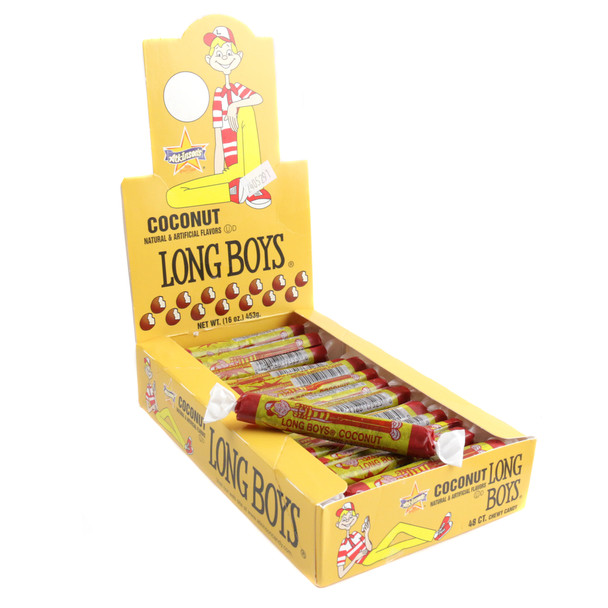 Coconut Long Boys chewy caramel candy, 48 pieces, with white coconut bits in vintage wrappers.