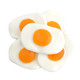 Approx 35 giant peach flavored gummy fried eggs, white & yellow, 3 inches each.