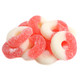 Rosy red, sugar-covered Gummy Watermelon Rings, approximately 75 per pound. Refreshing taste, Made in USA.