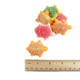 Assorted fruity color jelly filled gummy turtles with sweet raspberry centers, approx 50 per pound.