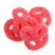Vibrant pink red raspberry jelly pretzels, soft, chewy, dusted in cane sugar, approximately 45 per pound.