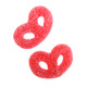 Vibrant pink Red Raspberry jelly pretzels, soft chewy twist shapes, cane sugar dusted. Approx 45 per pound.