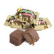 Pile of small, brown Milky Way Minis candy, showing creamy caramel & smooth nougat, 54 pieces per pound.