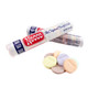 A box of 24 Necco Wafers, 2.02 oz multi-colored candy rolls, classic lemon, orange, lime, chocolate, spice.