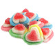 Rainbow triple-layer gummy hearts with a light sugar dusting, dimensional Valentine's candy. Approx 80 per pound.
