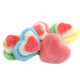 Dimensional rainbow triple-layered gummy hearts, three hearts stacked, light sugar dusting, approx 80 per pound.