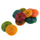 Two Faced Licorice Wheels, rainbow colors, assorted fruit flavors, approx 50 per pound.