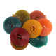 Two Faced Licorice Wheels, assorted fruit flavors, red, blue, yellow, purple, green, orange, 50 per pound.
