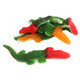 Vidal Gummy Crocodiles, vibrant green, 5-inch length, white bellies, assorted fruit flavored candy.