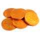 Orange milk chocolate coins, individually wrapped in bright orange foils, 1.5 inch, US half dollar design, approx 80 per lb.