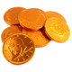 Orange Chocolate Coins, premium milk chocolate, individually wrapped in bright orange foil, 1.5 inch, approx 80 per pound.