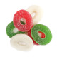 Christmas Gummy Wreaths, red, white, green, sugar-coated. Festive candy, approx 55 per pound. Delicious, USA-made.
