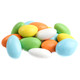 Delicious Jordan Almonds, bulk unwrapped candy in wedding white, pastel, and sparkle colors. Nutty, crunchy, 110 per pound.