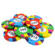 Milk chocolate poker casino chips, assorted colorful foils with $10, $50, $500, $1000 denominations, approx 69 per pound.