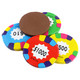 Madelaine Milk Chocolate Poker Casino Chips, assorted colorful $10, $50, $500, $1000 foil denominations. Bulk 69 per lb.