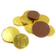 Assorted gold foil-wrapped Madelaine milk chocolate coins, 1 1/4 and 1 1/2 inches, featuring Lady Liberty and eagles.