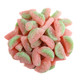 Sour Patch Watermelon chewy gummies, pink and green, watermelon-shaped, with sour crystal coating, approx 90 per pound.