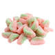 Sour Patch Watermelon candy, pink and green watermelon-shaped gummies with sour crystals, chewy texture. Approx 90 per pound.