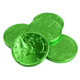 Green chocolate coins, premium milk chocolate, US half dollar design, 1.5 inches, approx 80 per pound for St. Patrick's Day.