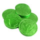 St. Patrick's Day green chocolate coins, 1.5 inch milk chocolate, foil wrapped, US half dollar design.