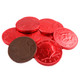 Vibrant red foil-wrapped milk chocolate coins, 1.5 inches, US half dollar design, perfect for Valentine's Day candy buffets.