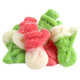 Red and green strawberry apple Gummy Snowmen, approx 50 per pound. Bulk Christmas candy, made in Spain.
