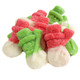 Vibrant red and green Gummy Snowmen. Strawberry apple flavored Christmas candy, approx 50 per pound.