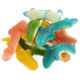 Mini assorted gummy sharks, 60 pieces, red, orange, yellow, green. Soft, chewy, fruity candy for parties.