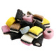 Gerrit Verburg Licorice Allsorts, 90 pieces, pink, blue, yellow, black, white, assorted shapes, coconut rolls, nonpareils.