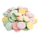 Smooth, creamy pastel pink, green, yellow mint nonpareils, 1 inch, with white seeds. Minty Easter candy.
