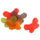 Large gummy butterflies, 2.5-inch wingspan, vibrant rainbow colors, assorted fruit flavors. Approx 30 per pound.