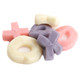 Gummy Hugs and Kisses XO candy, red, purple, yellow X and O shapes, strawberry, grape, pineapple flavors for Valentine's Day.