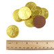 Shiny gold foil milk chocolate coins, 1 1/4 inch diameter. Lady Liberty on front, bald eagle on back. Made in USA.