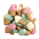 Colorful gummy ice cream cones, strawberry, vanilla, mint. Soft-serve or three-scoop designs, ~86 pieces per pound.