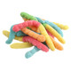 Neon Sour Albanese Gummy Worms, vibrant blue, lemon, orange, cherry, green apple, sour dusted, 4 inches long.