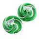 12 green and white swirled Whirly Pop lollipops, 1.5 oz apple flavored candy, 3 inch diameter festive treats.