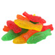 Vibrant rainbow assorted Swedish Fish, red, orange, yellow, green gummy candy, chewy, fruity, bulk for parties.